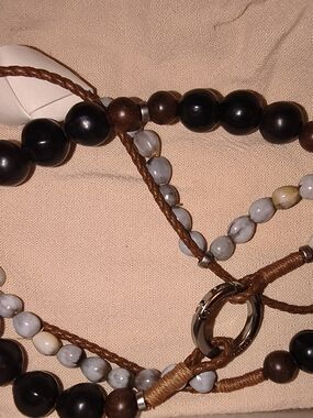 Songmont Brown Cord Multi-Strand Necklace with Black and Cream Beads